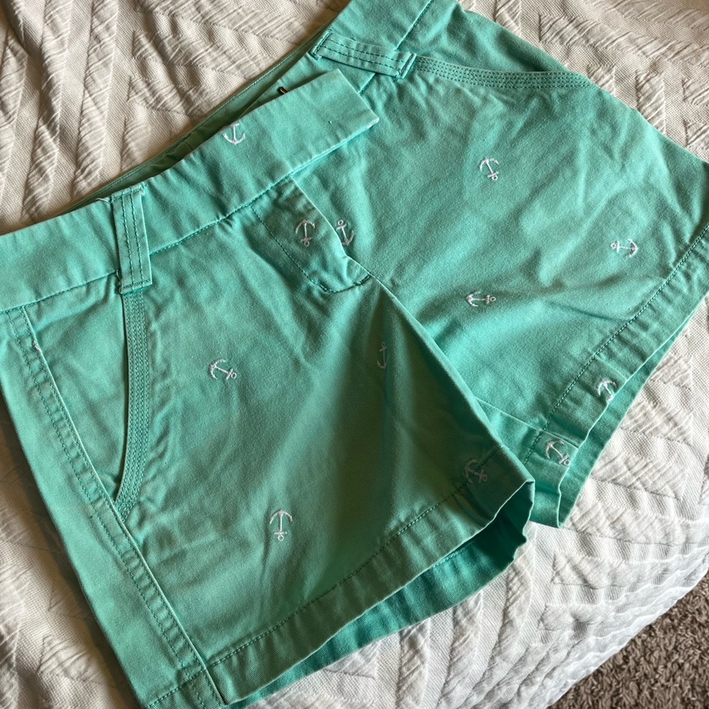 J. Crew teal anchor-printed chino shorts. Size 2.